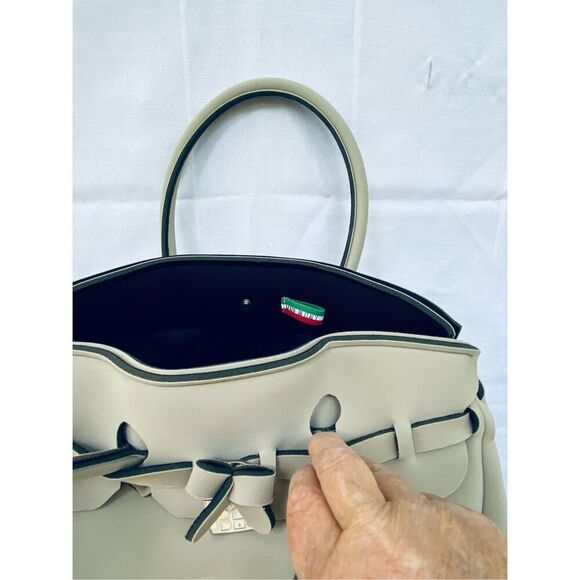 Save My Bag Miss Plus Beige Satchel Tote Purse Made in Italy Neoprene Blend Ligh - Picture 2 of 8